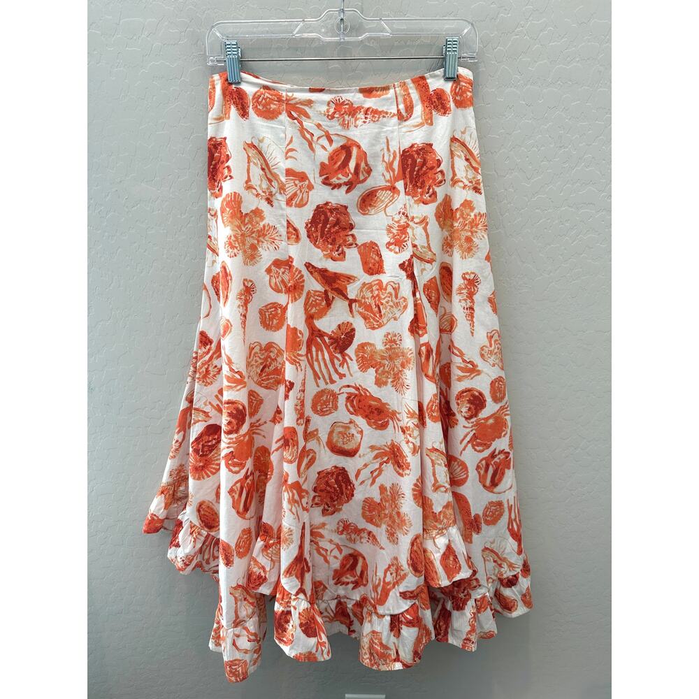 Anthropologie White Midi Skirt with Orange Shell Print - Picture 2 of 8